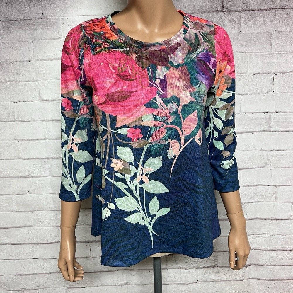 Soft Surroundings Christa Floral Top Womens Petite XS Blue Pink 3/4 Sleeve Beach
